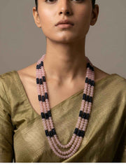 Designer Long Layered Pink Jade And Blue Hydro Beaded Necklace - Saree And Sherwani Necklace