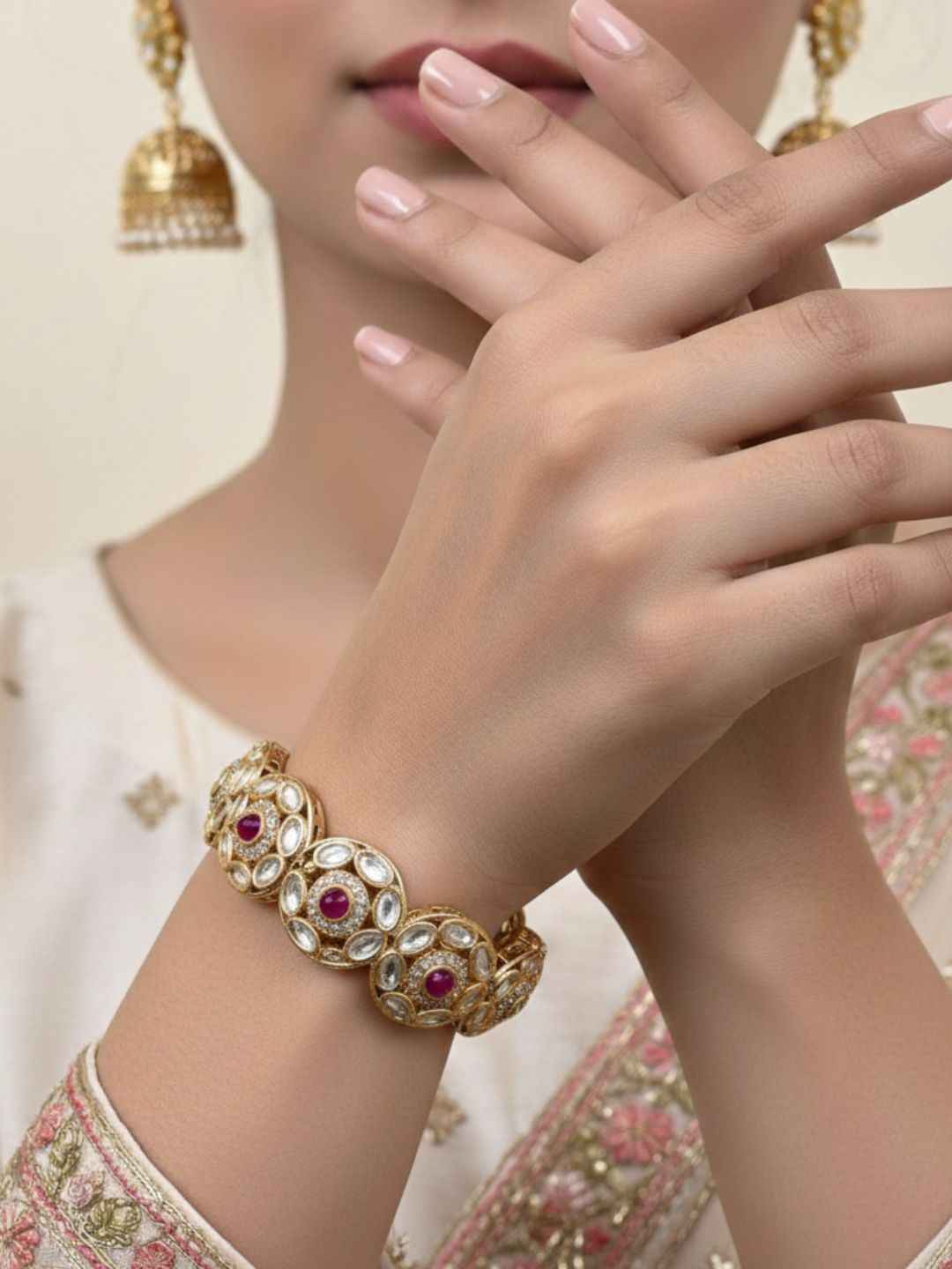 Elegant Next To Real Party & Wedding Wear Openable Kundan Polki Bracelet For Women