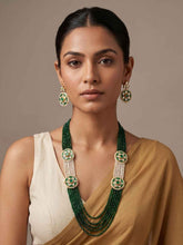 Traditional Long Multilayered Green Beaded Necklace Set With Side Brooches | Ethnic & Traditional Wear