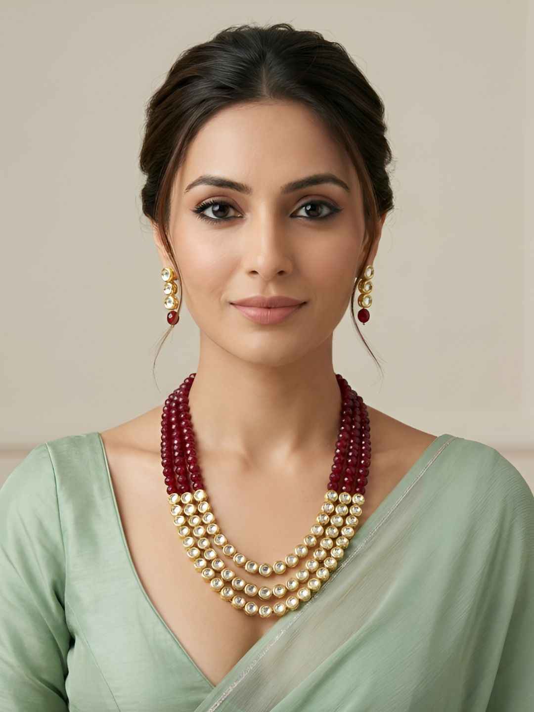 Gold Plated Layered Kundan and red jade Beaded Necklace Set - Traditional Ethnic Jewellery Set