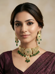 Gold Plated Statement Look studded Kundan Choker Necklace Set - Wedding And Party Wear green choker set