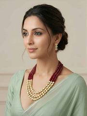Gold Plated Layered Kundan and red jade Beaded Necklace Set - Traditional Ethnic Jewellery Set
