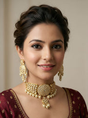 Gold Plated Statement Look pearl Kundan Choker Necklace Set - Wedding And Party Wear