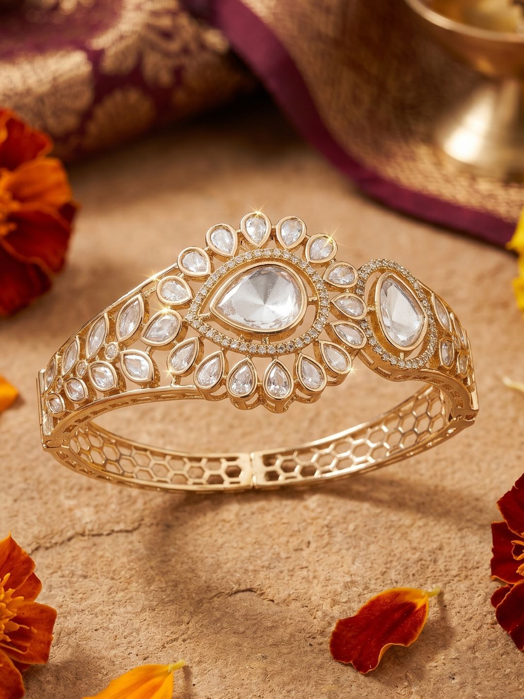 Gold Plated Polki Kundan Openable Kada Bracelet For Women | Festive Ethnic Jewellery