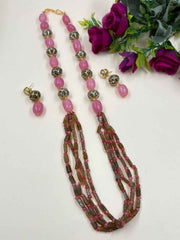Handcrafted Pink And Green Jade Gemstone Beaded Necklace Set - Traditional And Ethnic Wear