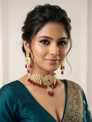 Gold Plated Statement Look Studded Kundan Choker Necklace Set with red beads - Wedding And Party Wear red choker