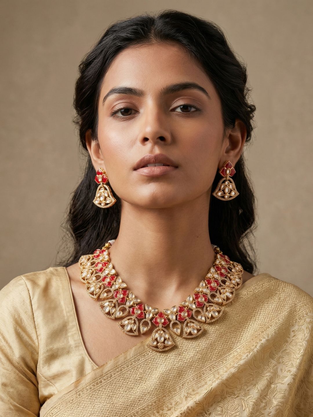Designer Gold Plated red Kundan Polki Necklace Set For Weddings - Bridal Necklace Set