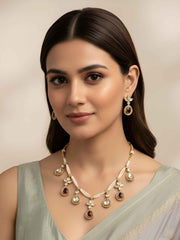 Elegant Gold Plated Beaded Pearls & red Polki Drops Statement Necklace Set For Women