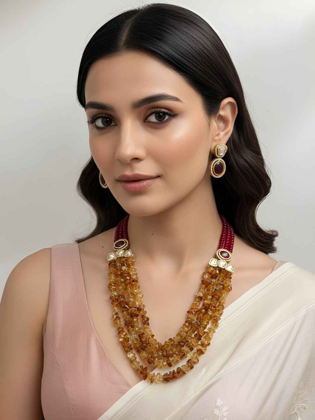Elegant Layered Red Jade & Uncut Citrine Beaded Necklace Set With Kundan Brooches - Wedding And Party Wear