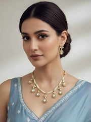 Elegant Gold Plated Beaded Pearls & Polki Drops Statement Necklace Set For Women