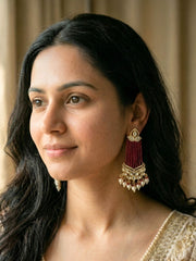 Long Kundan pink Beaded Chandelier Earrings With Pearl Drops | Bridal Statement Ethnic Earrings for Women