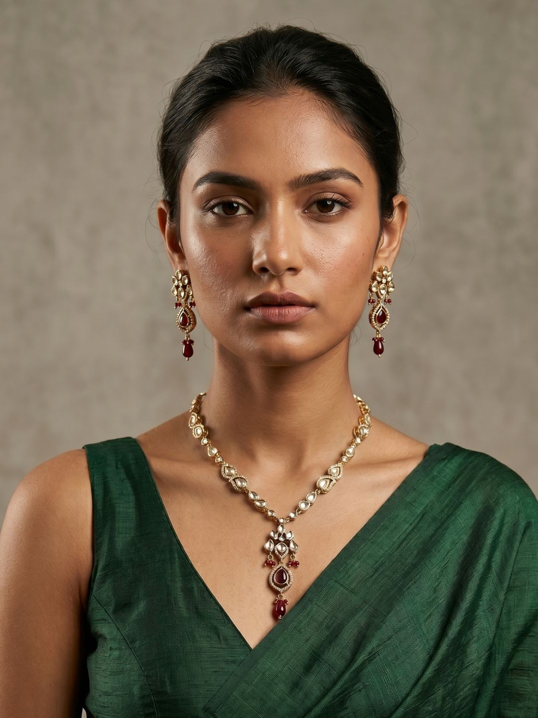 Elegant Rose Gold Finish red Polki Necklace pendant Set For Women - Indo Western Modern Jewellery Set