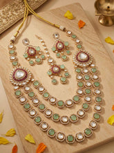 Luxury Gold Plated Emerald And Polki Kundan Layered Necklace Set With Tikka - Wedding & Bridal Jewellery Set
