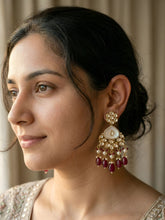 Elegant Gold Plated Mother Of Pearl And Kundan Earrings with red beads For Weddings - Statement red kundan Earrings