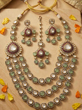 Luxury Victorian Finish Emerald Polki Layered Necklace Set With Tikka - Wedding Jewellery Set