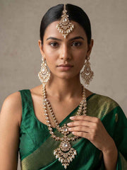 Luxurious Long Layered Polki Kundan Necklace Earring Set With Tikka | Wedding And Bridal Jewellery