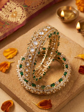 Gold Plated Luxury Polki Kundan Kada Bangles Set For Women | emerald green Wedding And Bridal Bangles