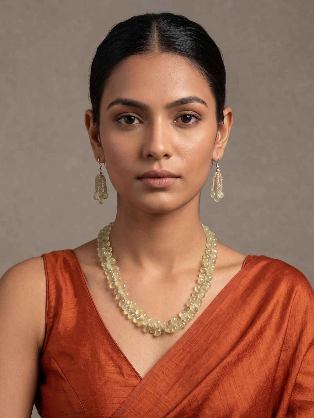 Semi Precious Gemstone Prehnite Drops Beaded Necklace Set For Women