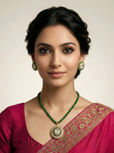 Gold Plated Kundan Pendant And Earring Set With green Beaded Chain - Festive Wear Necklace