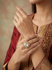 Rose Gold Plated Kundan Finger Ring For Ladies - Festive And Wedding Rings