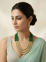 Gold Plated Layered Kundanand green jade Beaded Necklace Set - Traditional Ethnic Jewellery Set