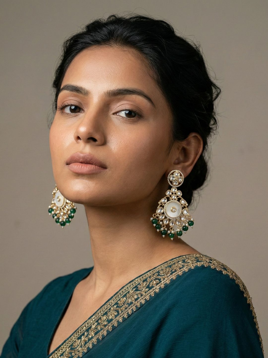 Designer Mother Of Pearl And Kundan Chandbali Earrings For Women - Wedding & Festive Wear green earrings