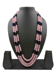 Designer Long Layered Pink Jade And Blue Hydro Beaded Necklace - Saree And Sherwani Necklace