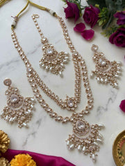 Luxurious Long Layered Polki Kundan Necklace Earring Set With Tikka | Wedding And Bridal Jewellery