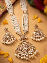 Long Mossanite Polki Pendant Necklace Set With Beaded Pearls - Luxury Wedding Necklace