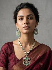 Exquisite Gold Plated mint green Polki Kundan Pendant Necklace Set | Wedding And Party Wear Statement Jewellery