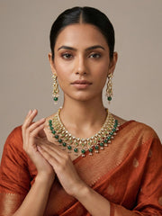 Elegant Gold Plated Polki Kundan green beaded Necklace Set For Weddings And Parties