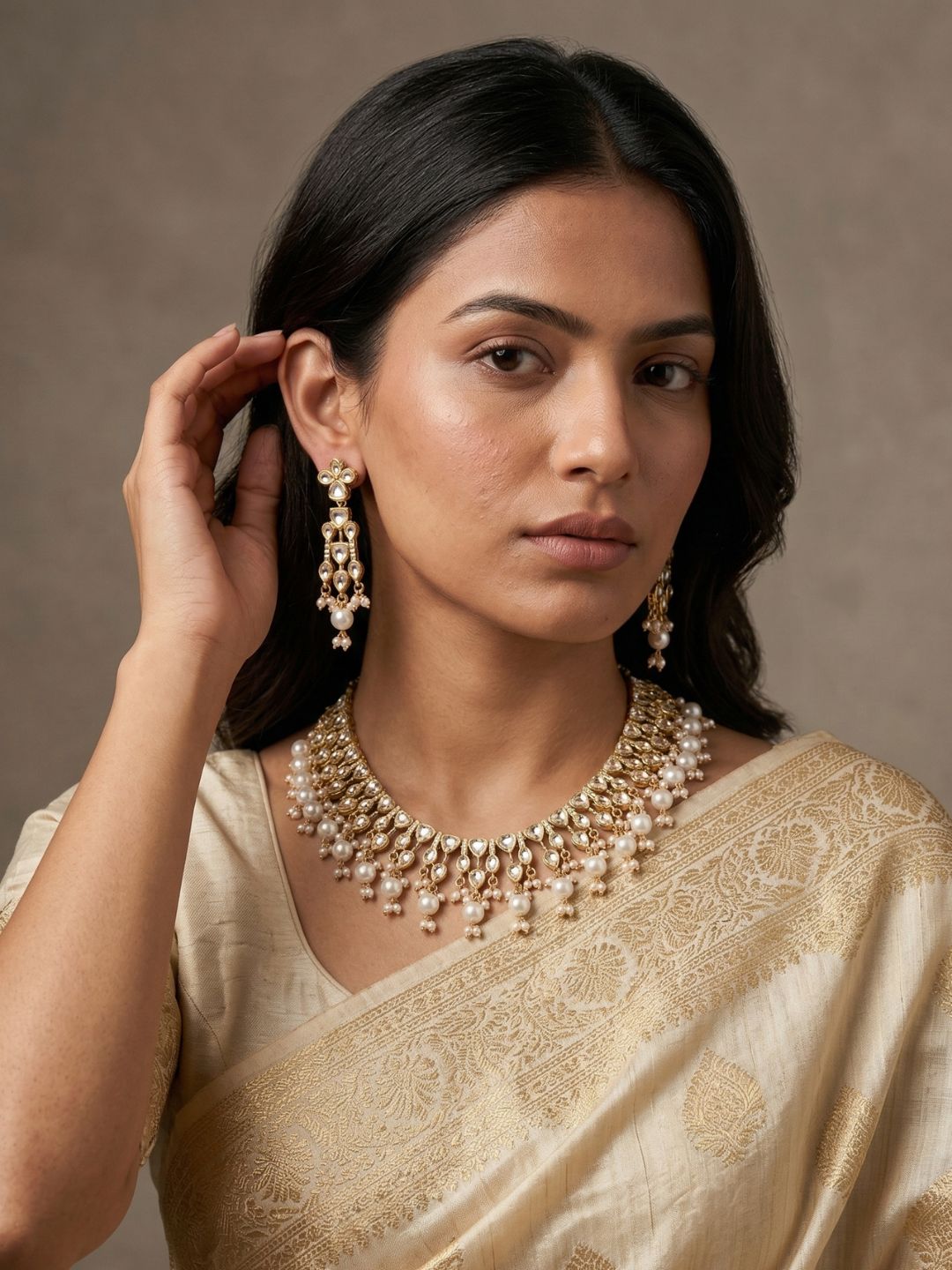 Elegant Gold Plated Polki Kundan pearl beadedf Necklace Set For Weddings And Parties