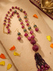 Designer Natural Gemstone Watermelon Shaped Red Jade Beaded Necklace Set With Tassels