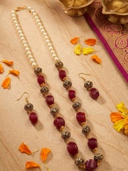 Long Semi Precious Red Jade Beaded Necklace Set For Women | Ethnic And Traditional Wear