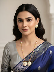 Traditional Long Beaded Chain and pink Pendant Necklace Set With Meenakari - Ethnic Jewellery Set