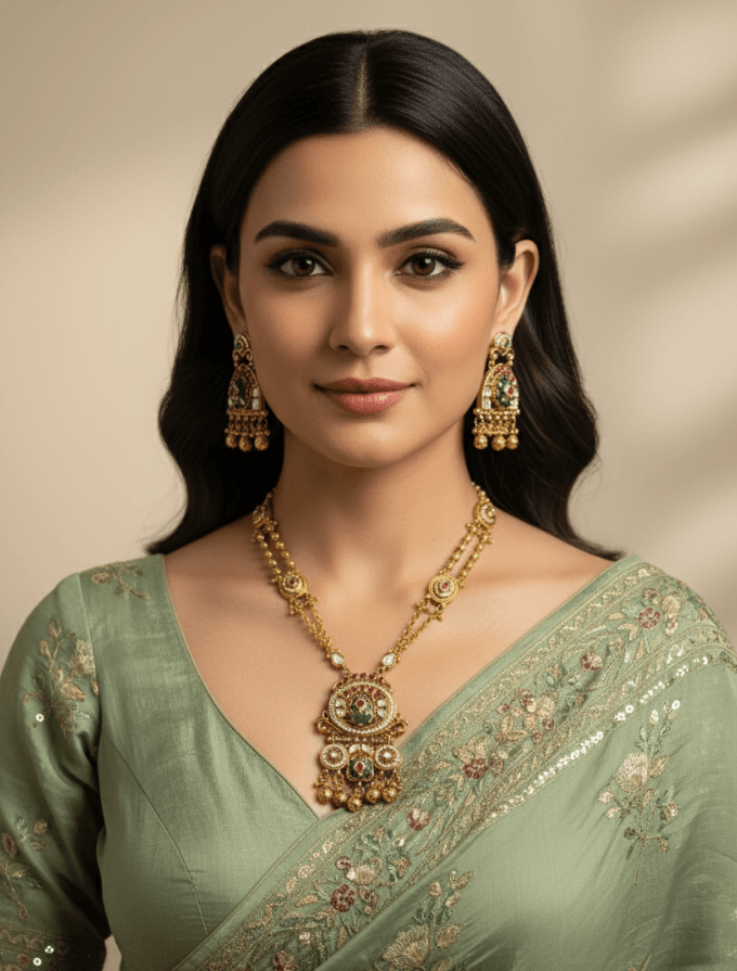 Antique Gold Plated Heritage Look Chain Pendant Necklace Set - Wedding & Festive Wear