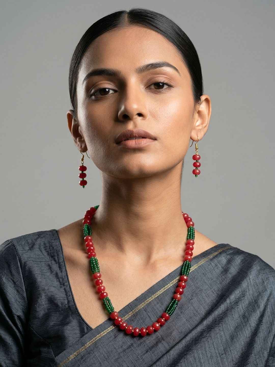 Handcrafted Single Layer Red Beads Neckace - Festive Wear Beaded Jewellery
