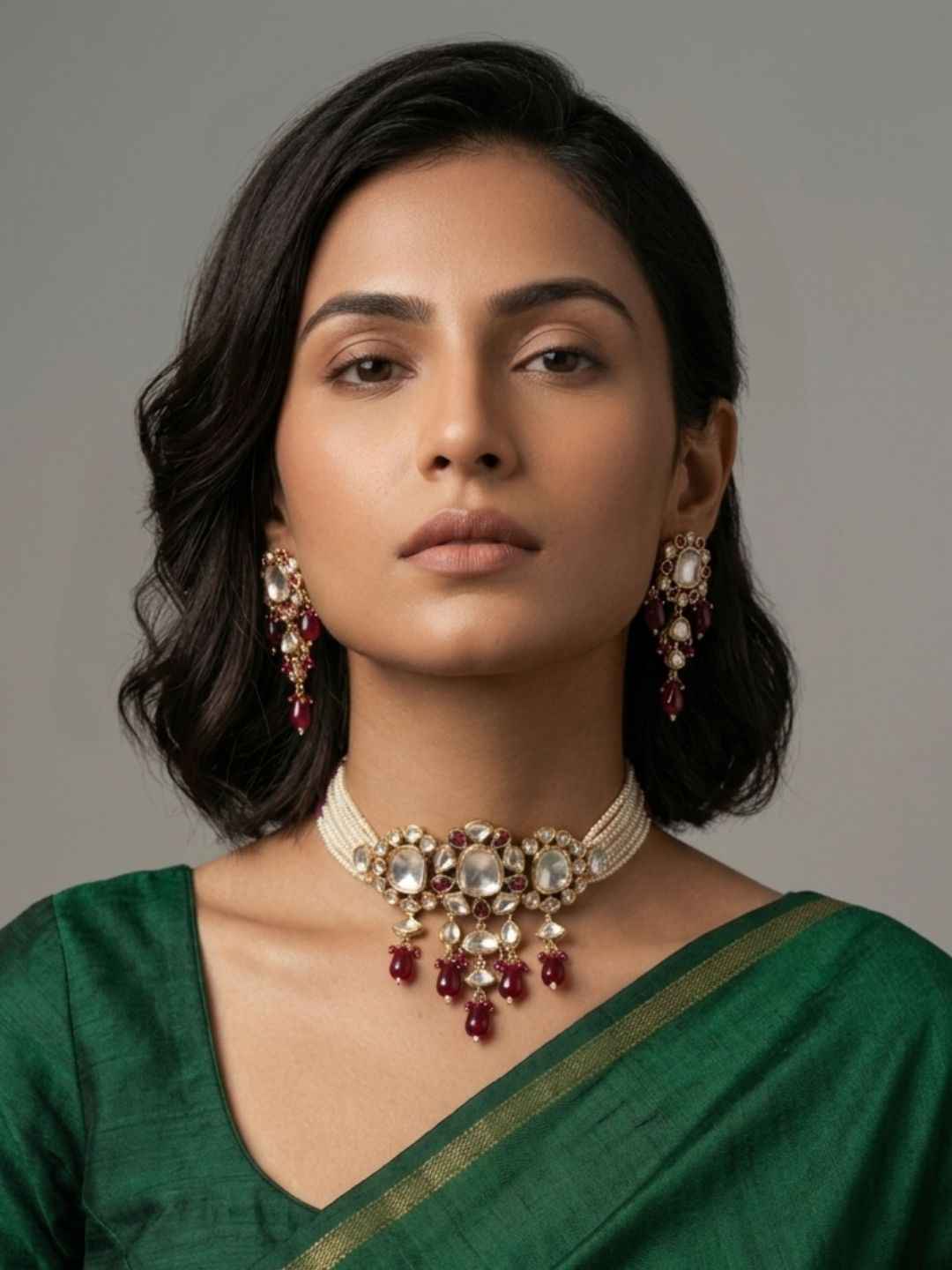 Exquisite Beaded Polki Choker Necklace Set | Statement Choker Jewellery Set