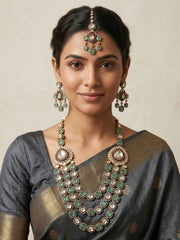 Luxury Victorian Finish Emerald Polki Layered Necklace Set With Tikka - Wedding Jewellery Set