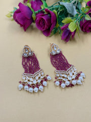 Long Kundan Pink Beaded Chandelier Earrings With Pearl Drops | Bridal Statement Ethnic Earrings for Women