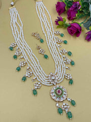 Multi Layer Real Pearl And Kundan Pendant Necklace Set With Green Drops | Bridal & Festive Ethnic Jewellery