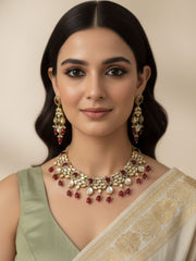 Elegant Polki Kundan Necklace Set For Women - Wedding & Party Wear Kundan Jewellery Set with red stones and beads