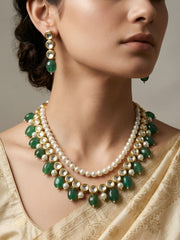 Traditional Gold Plated gren stone Beaded Kundan Necklace Set For Women - Ethnic Indian Jewellery Set
