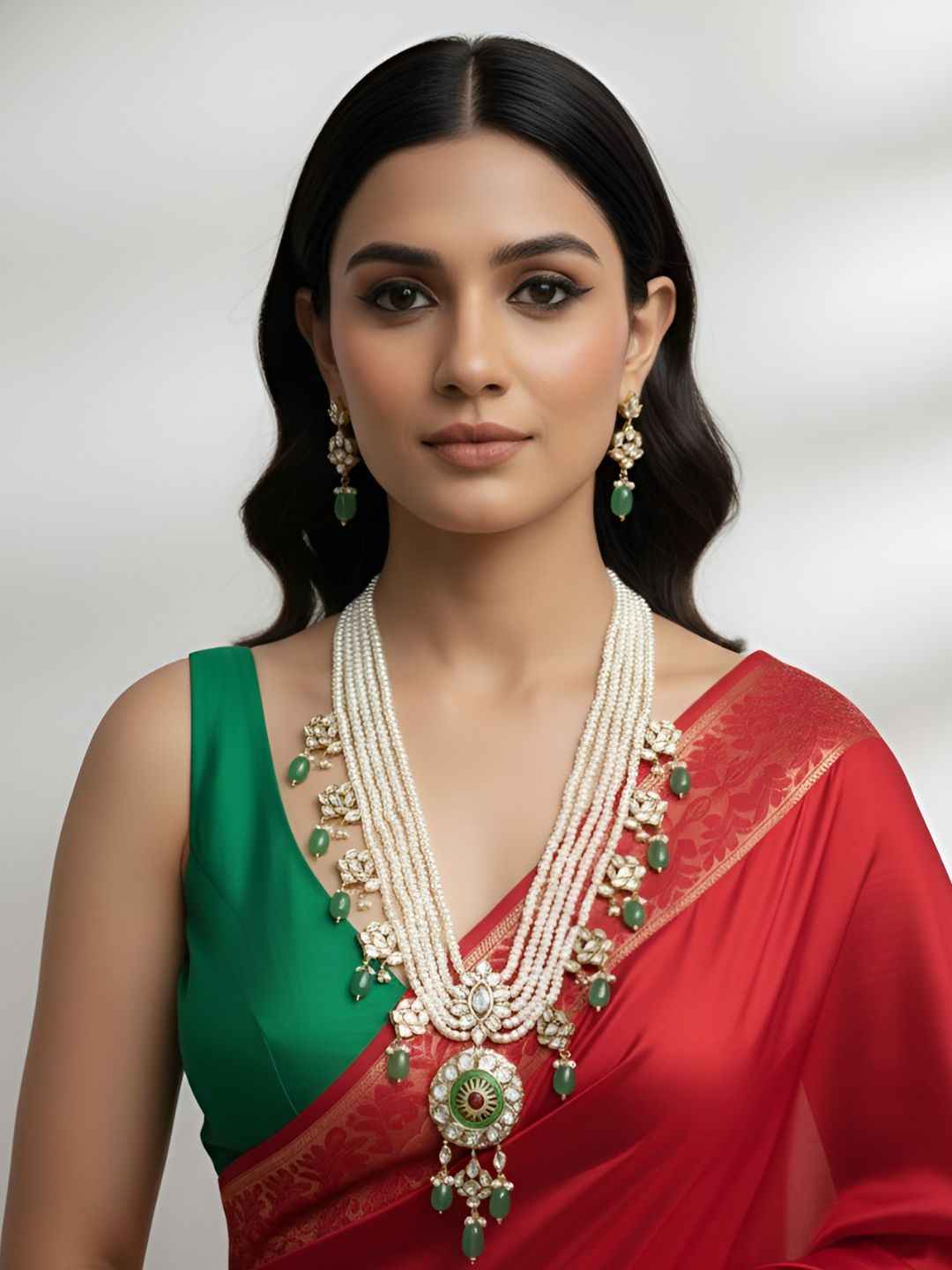 Multi Layer Real Pearl And Kundan Pendant Necklace Set With Green Drops | Bridal & Festive Ethnic Jewellery