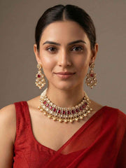 Designer Gold Plated Beaded Ruby Stone And Polki Wedding Jewellery Set | Traditional And Ethnic Wear