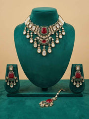 Mossanite Polki Kundan Beaded Choker Necklace Set With Tikka | Wedding And Festive Wear