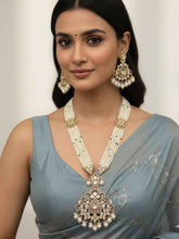 Long Mossanite Polki Pendant Necklace Set With Beaded Pearls - Luxury Wedding Necklace