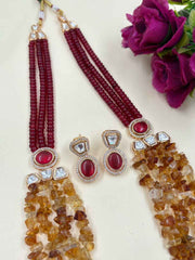 Elegant Layered Red Jade & Uncut Citrine Beaded Necklace Set With Kundan Brooches - Wedding And Party Wear