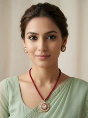 Gold Plated Kundan Pendant And Earring Set With red eaded Chain - Festive Wear Necklace