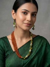 Designer Side Pattern Natural Peridot And Carnelian Beads Necklace For Women